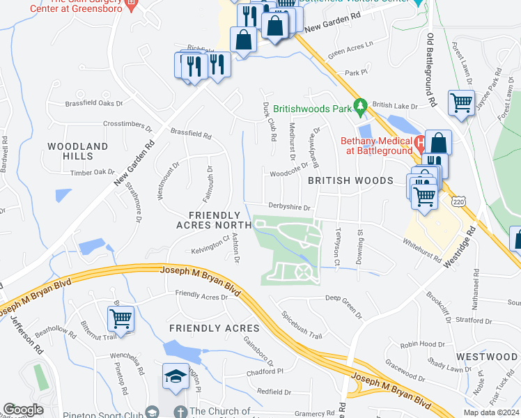 map of restaurants, bars, coffee shops, grocery stores, and more near 3901 Derbyshire Drive in Greensboro