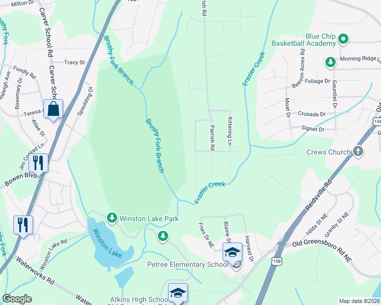 map of restaurants, bars, coffee shops, grocery stores, and more near 3196 Shaftesbury Lane in Winston-Salem
