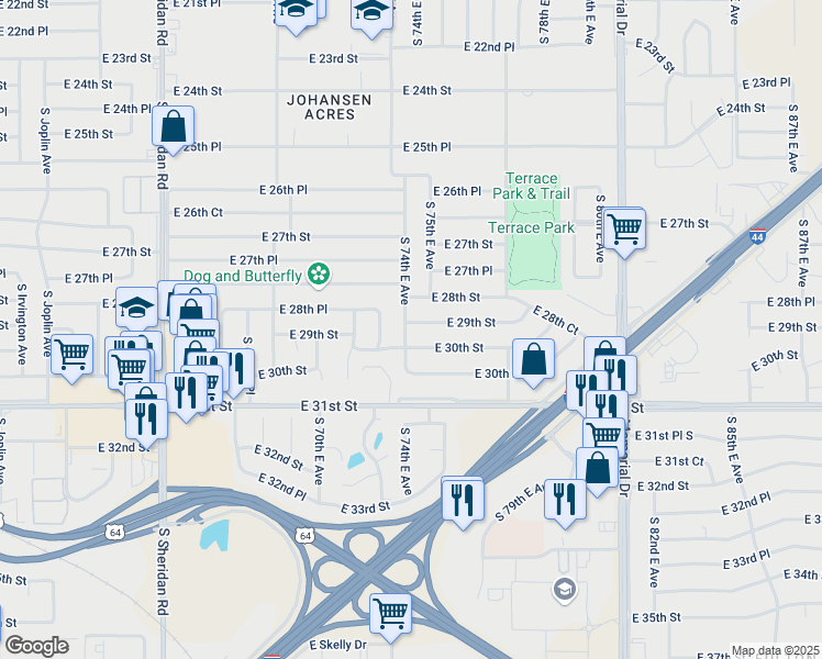 map of restaurants, bars, coffee shops, grocery stores, and more near 7404 East 29th Street in Tulsa