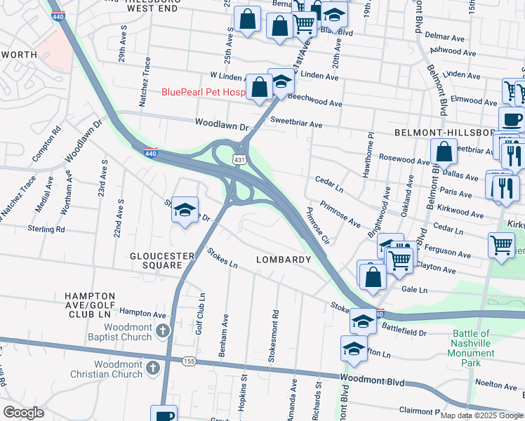 map of restaurants, bars, coffee shops, grocery stores, and more near 259 Hillsboro Place in Nashville