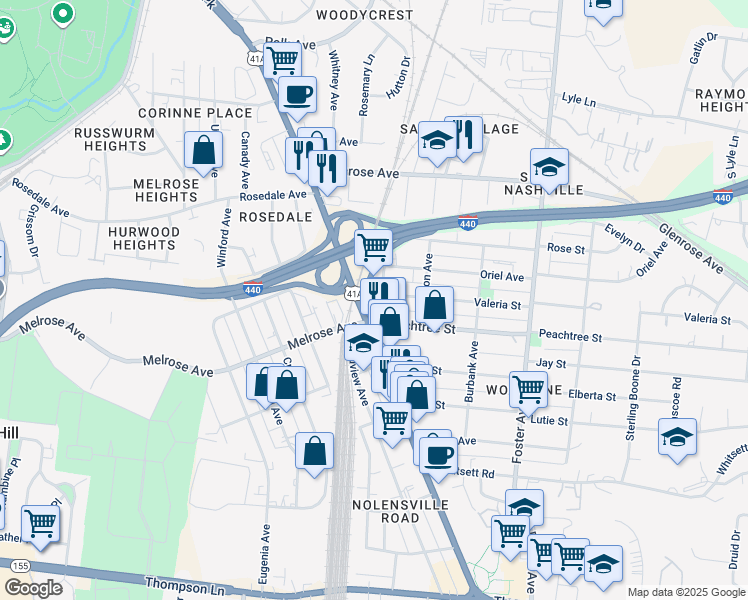 map of restaurants, bars, coffee shops, grocery stores, and more near 348B Valeria Street in Nashville