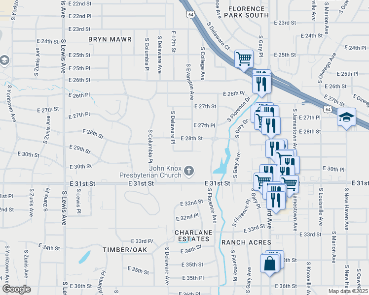 map of restaurants, bars, coffee shops, grocery stores, and more near 2827 East 29th Street in Tulsa