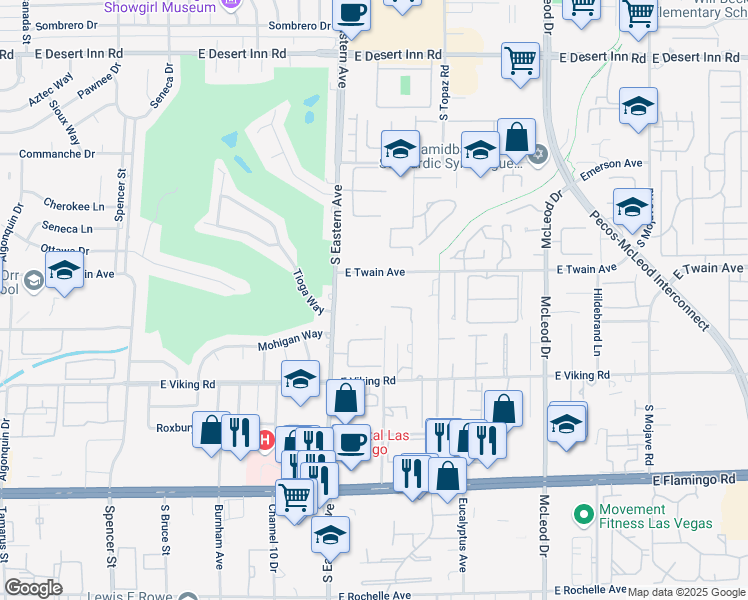 map of restaurants, bars, coffee shops, grocery stores, and more near 2465 East Twain Avenue in Las Vegas