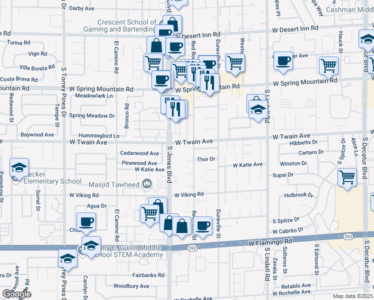 map of restaurants, bars, coffee shops, grocery stores, and more near 6085 West Twain Avenue in Las Vegas