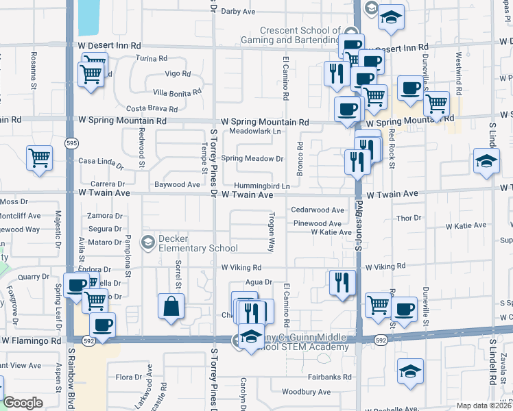 map of restaurants, bars, coffee shops, grocery stores, and more near 6389 West Twain Avenue in Las Vegas