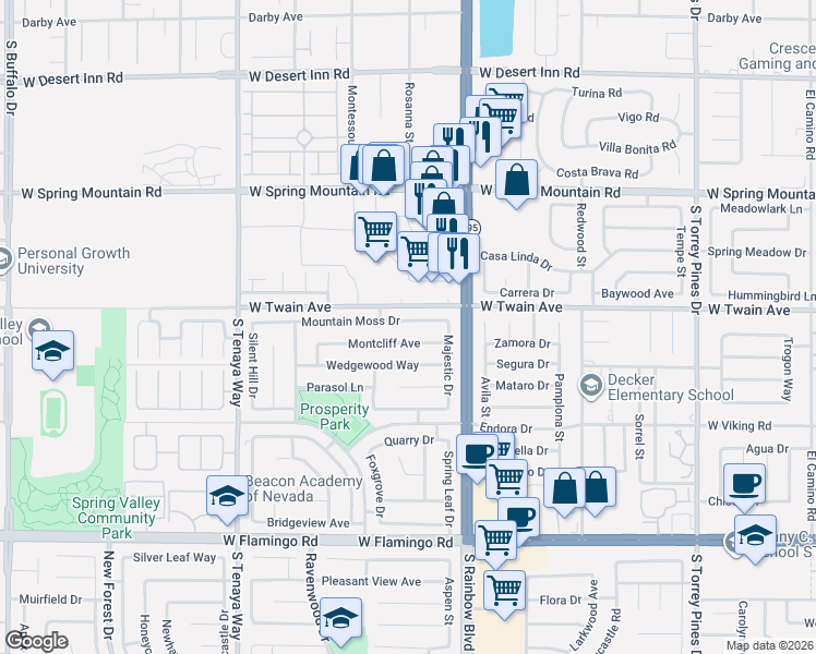 map of restaurants, bars, coffee shops, grocery stores, and more near 6979 Mountain Moss Drive in Las Vegas