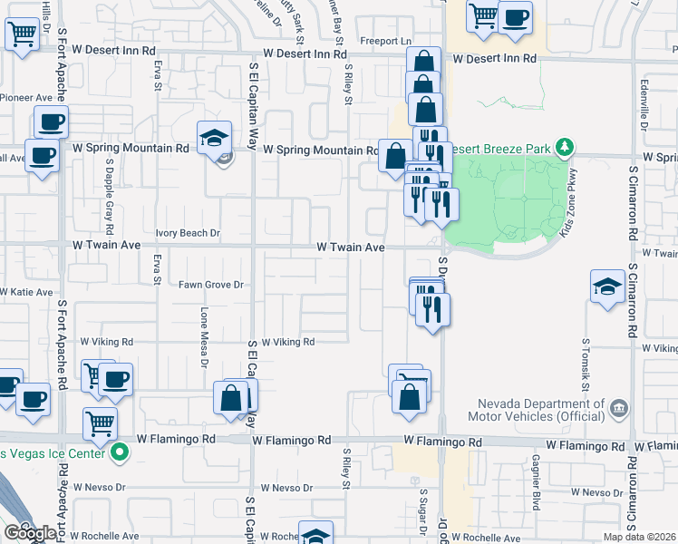 map of restaurants, bars, coffee shops, grocery stores, and more near 8821 West Stingray Court in Las Vegas
