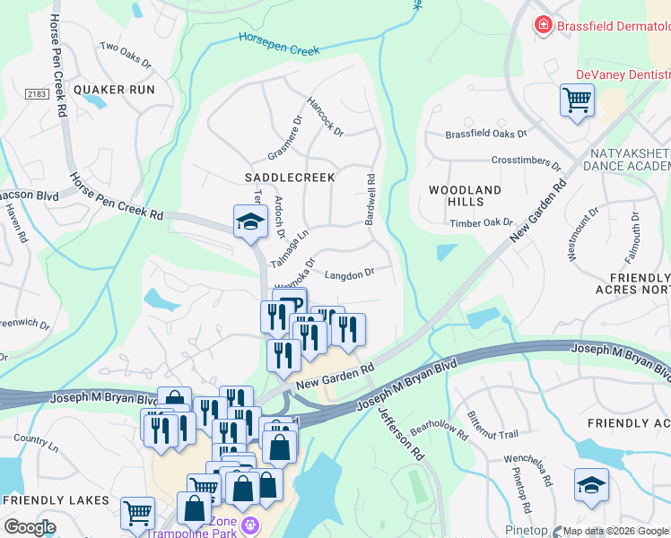 map of restaurants, bars, coffee shops, grocery stores, and more near 3811 Waynoka Drive in Greensboro