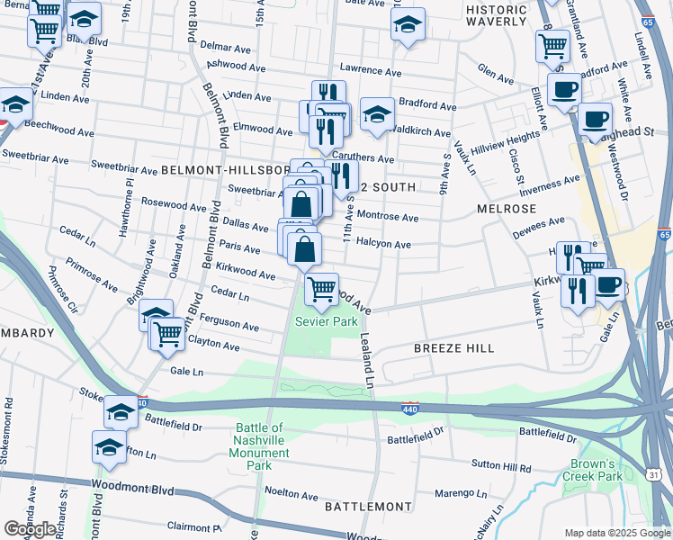 map of restaurants, bars, coffee shops, grocery stores, and more near 1100 Paris Avenue in Nashville