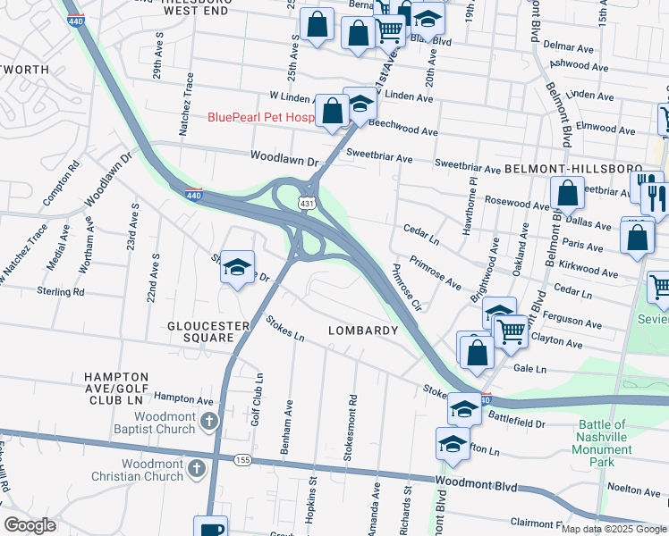 map of restaurants, bars, coffee shops, grocery stores, and more near 259 Hillsboro Place in Nashville