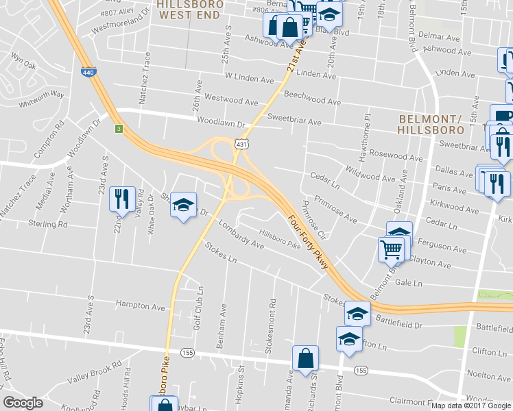 map of restaurants, bars, coffee shops, grocery stores, and more near 259 Hillsboro Place in Nashville