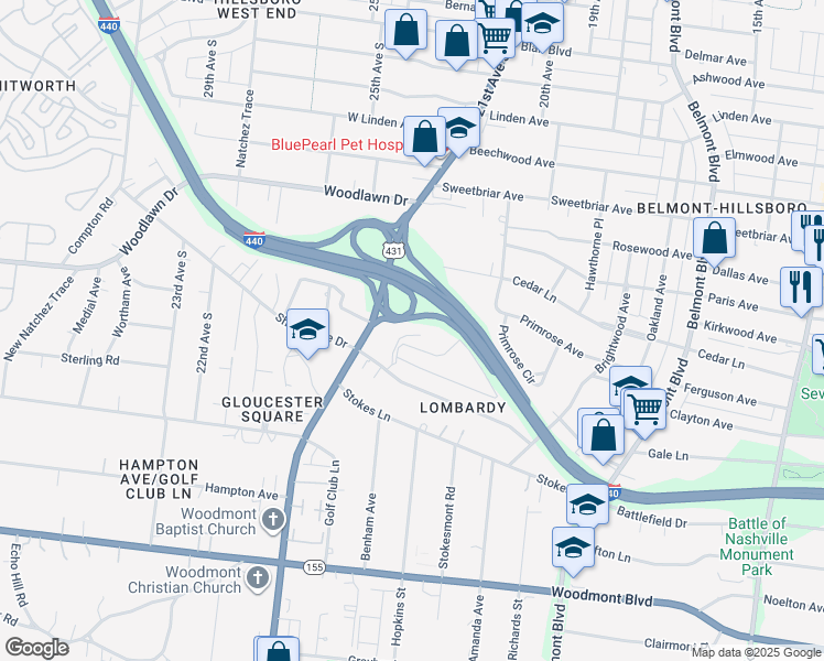 map of restaurants, bars, coffee shops, grocery stores, and more near 134 Hillsboro Place in Nashville