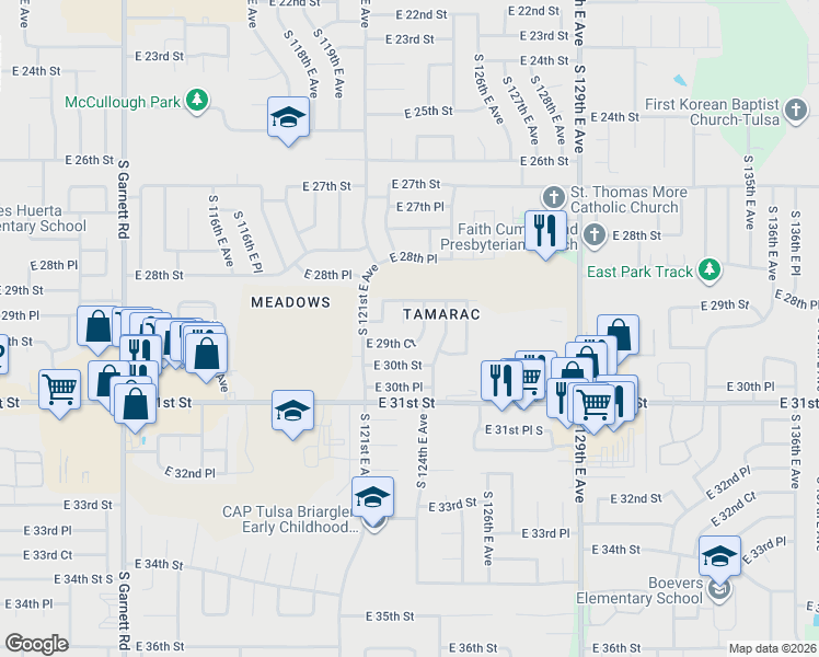 map of restaurants, bars, coffee shops, grocery stores, and more near 2918 South 123rd East Avenue in Tulsa