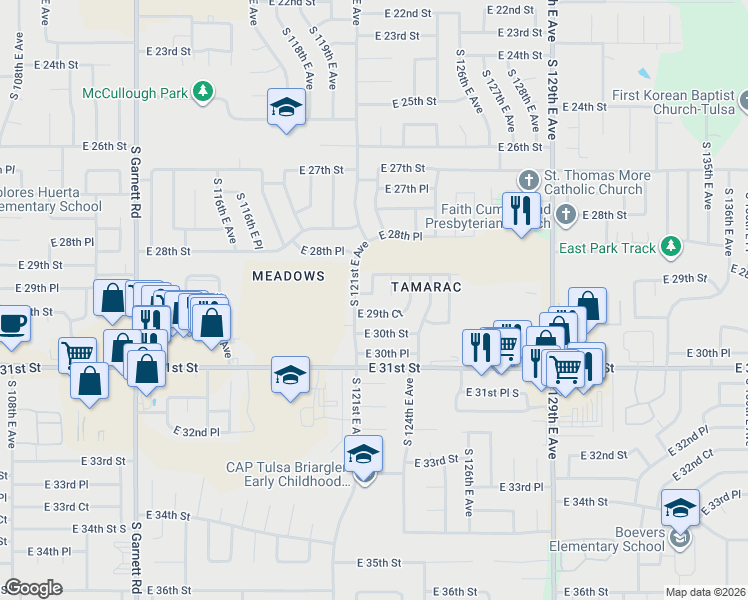 map of restaurants, bars, coffee shops, grocery stores, and more near 12122 East 29th Street in Tulsa