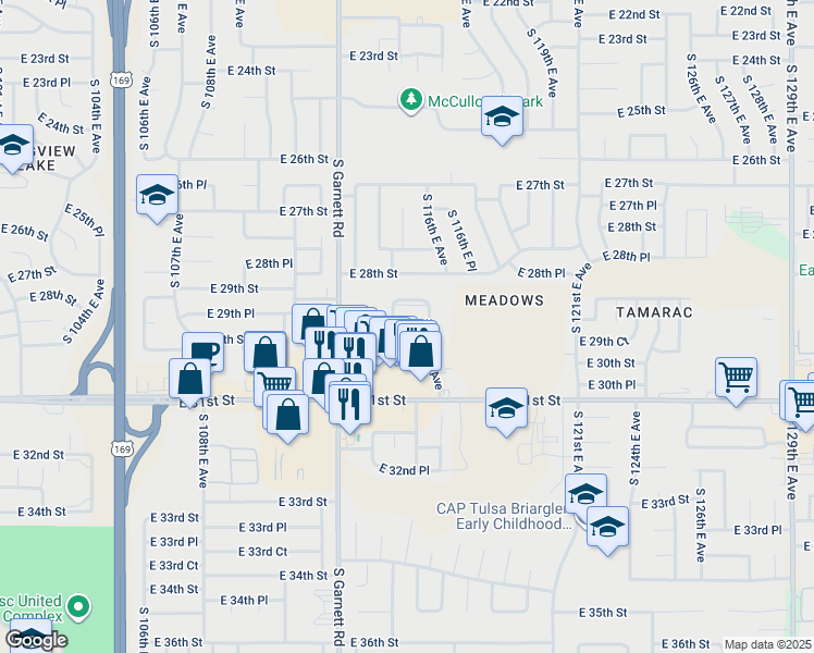 map of restaurants, bars, coffee shops, grocery stores, and more near 2829 South 115th East Avenue in Tulsa