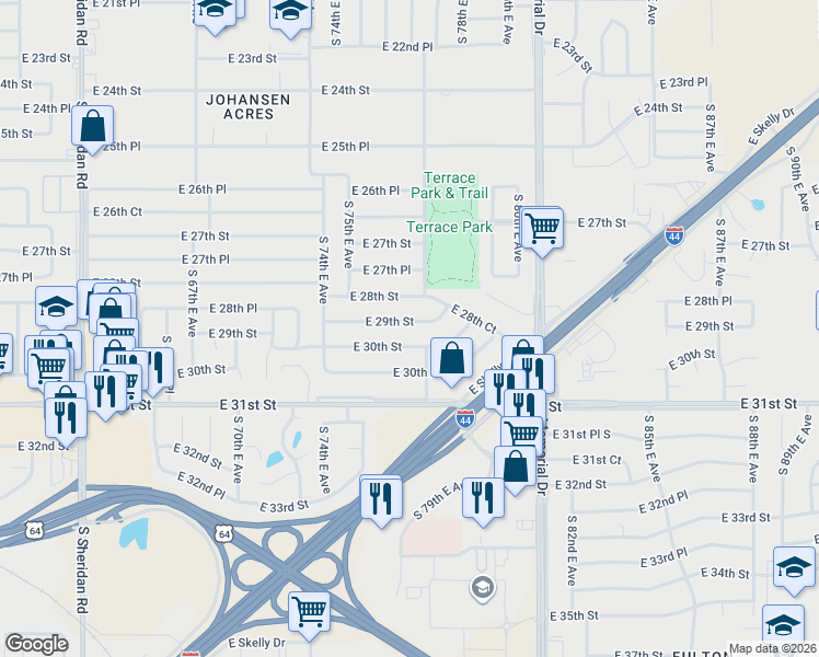 map of restaurants, bars, coffee shops, grocery stores, and more near 7474 East 29th Street in Tulsa