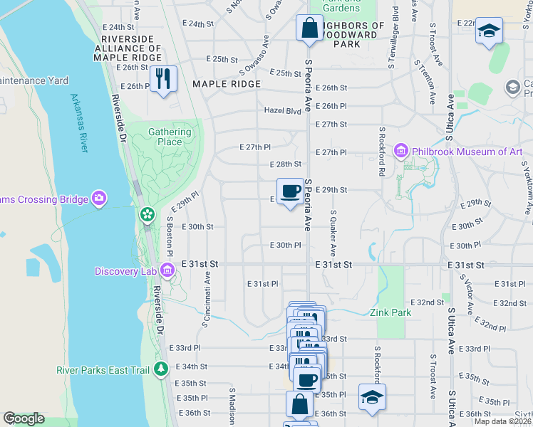 map of restaurants, bars, coffee shops, grocery stores, and more near 1228 East 29th Place in Tulsa