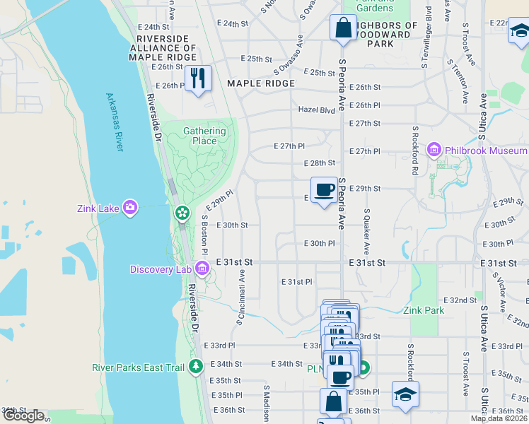 map of restaurants, bars, coffee shops, grocery stores, and more near 2939 South Detroit Avenue in Tulsa