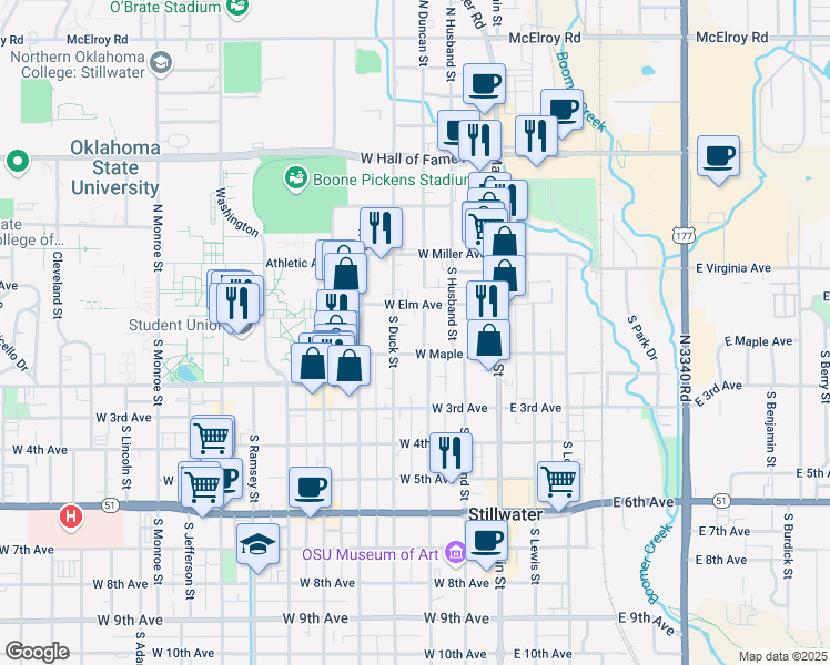 map of restaurants, bars, coffee shops, grocery stores, and more near in Stillwater