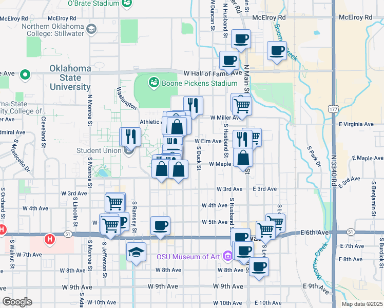 map of restaurants, bars, coffee shops, grocery stores, and more near 123 South West Street in Stillwater