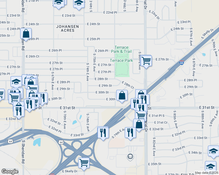 map of restaurants, bars, coffee shops, grocery stores, and more near 7474 E 29th St in Tulsa