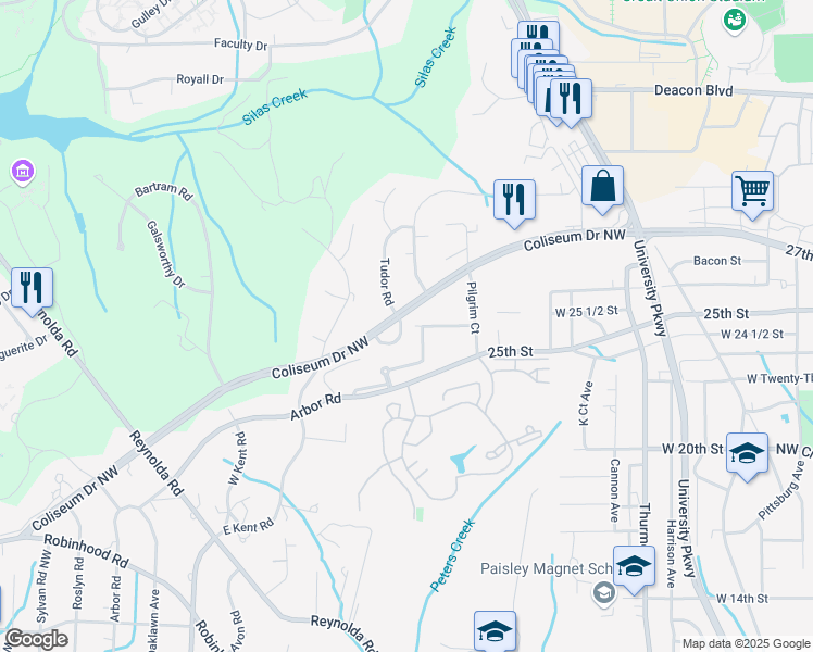 map of restaurants, bars, coffee shops, grocery stores, and more near 2600 Grosvenor Place in Winston-Salem