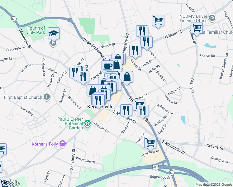 map of restaurants, bars, coffee shops, grocery stores, and more near 210 North Main Street in Kernersville