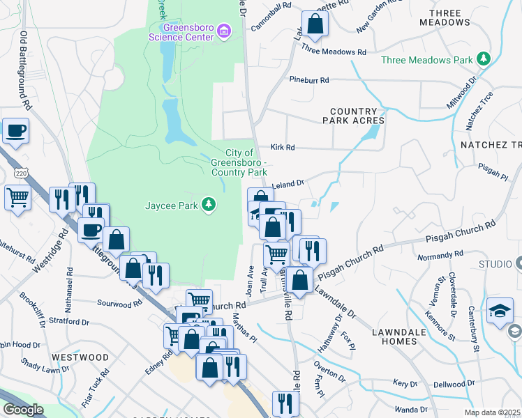 map of restaurants, bars, coffee shops, grocery stores, and more near 3819 Lawndale Drive in Greensboro