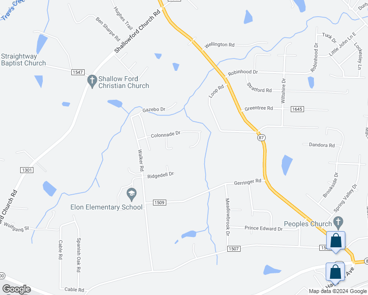 map of restaurants, bars, coffee shops, grocery stores, and more near 113 Bell Tower Court in Elon