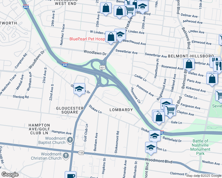 map of restaurants, bars, coffee shops, grocery stores, and more near 250 Hillsboro Place in Nashville
