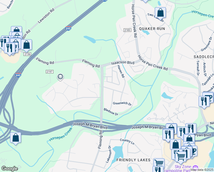 map of restaurants, bars, coffee shops, grocery stores, and more near 5642 David Christian Place in Greensboro