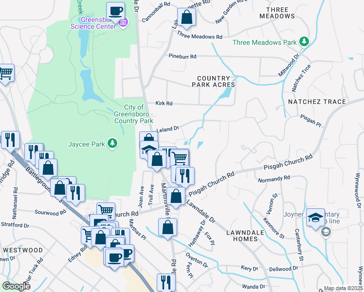 map of restaurants, bars, coffee shops, grocery stores, and more near 100 Tall Oaks Drive in Greensboro