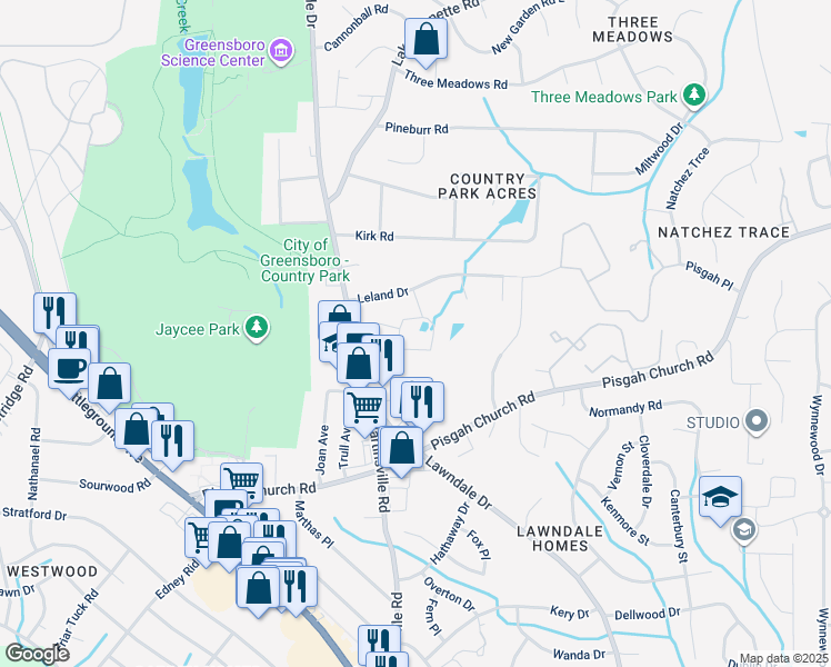 map of restaurants, bars, coffee shops, grocery stores, and more near 100 Tall Oaks Drive in Greensboro
