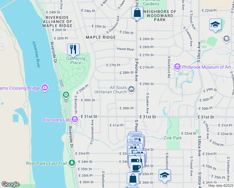 map of restaurants, bars, coffee shops, grocery stores, and more near 2945 South Woodward Boulevard in Tulsa