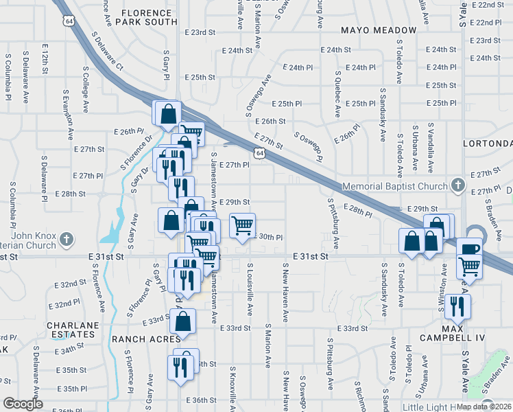 map of restaurants, bars, coffee shops, grocery stores, and more near 3710 East 29th Street in Tulsa