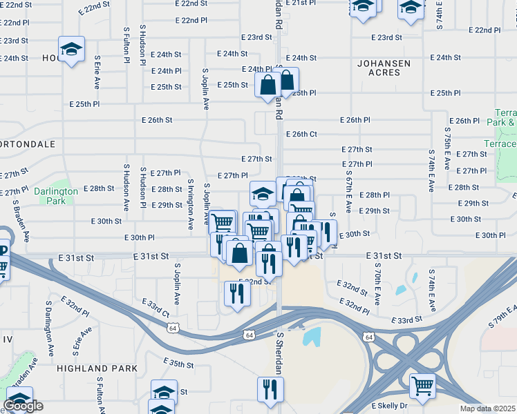 map of restaurants, bars, coffee shops, grocery stores, and more near 6305 East 30th Street in Tulsa