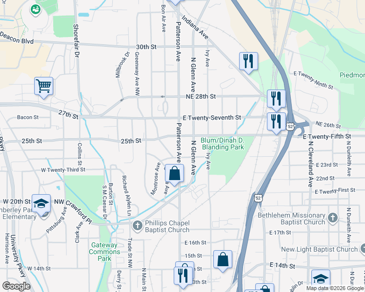 map of restaurants, bars, coffee shops, grocery stores, and more near 2424 Glenn Avenue Northeast in Winston-Salem