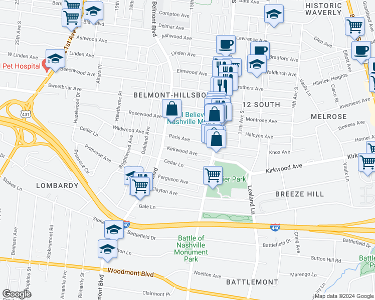 map of restaurants, bars, coffee shops, grocery stores, and more near 1510 Kirkwood Avenue in Nashville