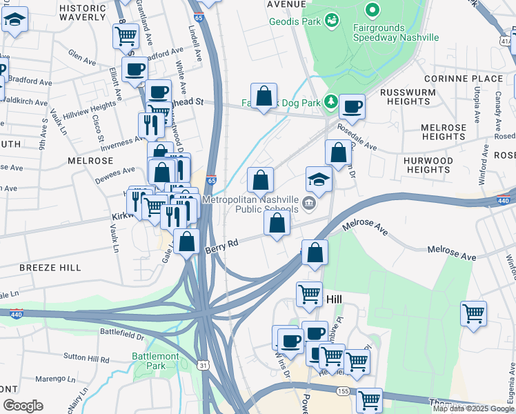 map of restaurants, bars, coffee shops, grocery stores, and more near 2602 Fessey Park Road in Berry Hill