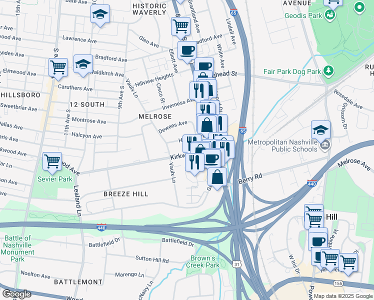 map of restaurants, bars, coffee shops, grocery stores, and more near 818 Kirkwood Avenue in Nashville