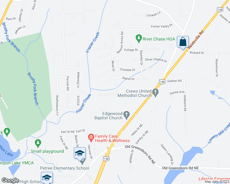 map of restaurants, bars, coffee shops, grocery stores, and more near 4125 Moat Drive in Winston-Salem