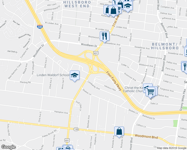 map of restaurants, bars, coffee shops, grocery stores, and more near 134 Hillsboro Place in Nashville
