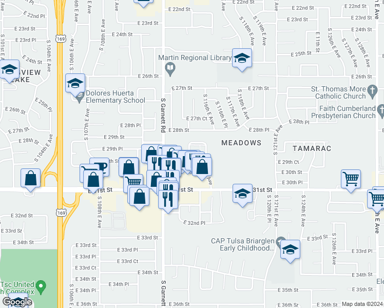 map of restaurants, bars, coffee shops, grocery stores, and more near 2829 South 115th East Avenue in Tulsa