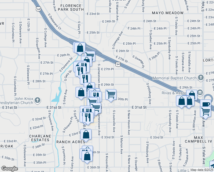 map of restaurants, bars, coffee shops, grocery stores, and more near 3527 East 29th Street in Tulsa