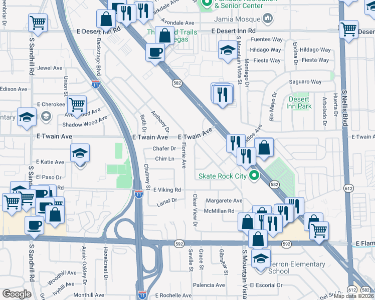 map of restaurants, bars, coffee shops, grocery stores, and more near 3740 Florrie Avenue in Las Vegas