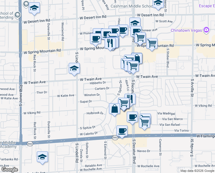 map of restaurants, bars, coffee shops, grocery stores, and more near 5176 Cartaro Drive in Las Vegas