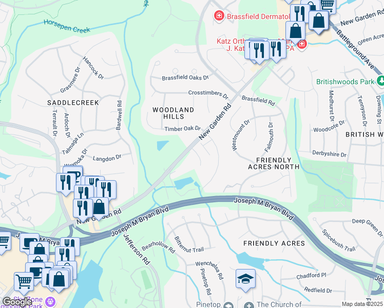 map of restaurants, bars, coffee shops, grocery stores, and more near 15 Linden Lane in Greensboro