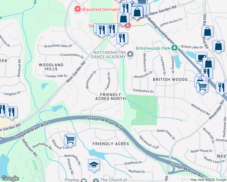 map of restaurants, bars, coffee shops, grocery stores, and more near 2005 Brassfield Road in Greensboro