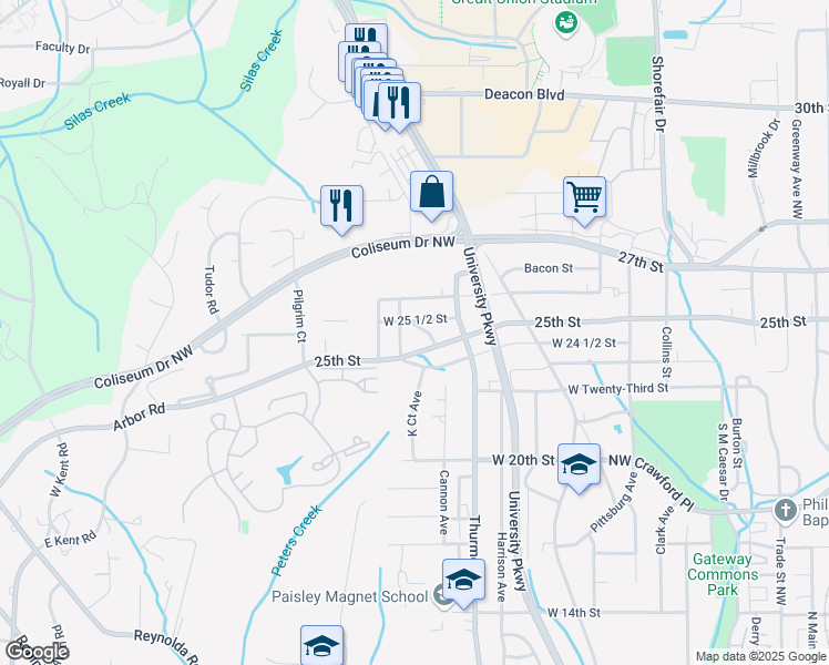 map of restaurants, bars, coffee shops, grocery stores, and more near 2522 Ocono Street in Winston-Salem