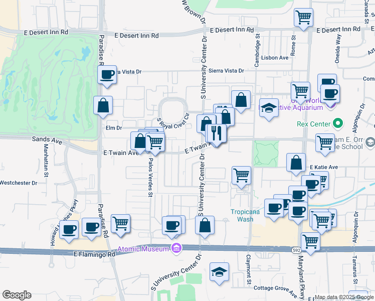 map of restaurants, bars, coffee shops, grocery stores, and more near 728 E Twain Ave in Las Vegas